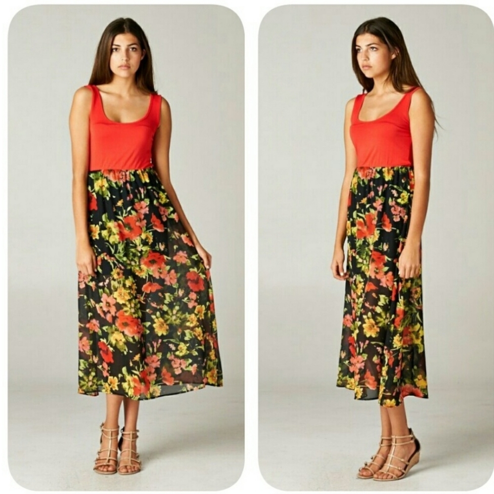 Coral black floral maxi tank dress Large